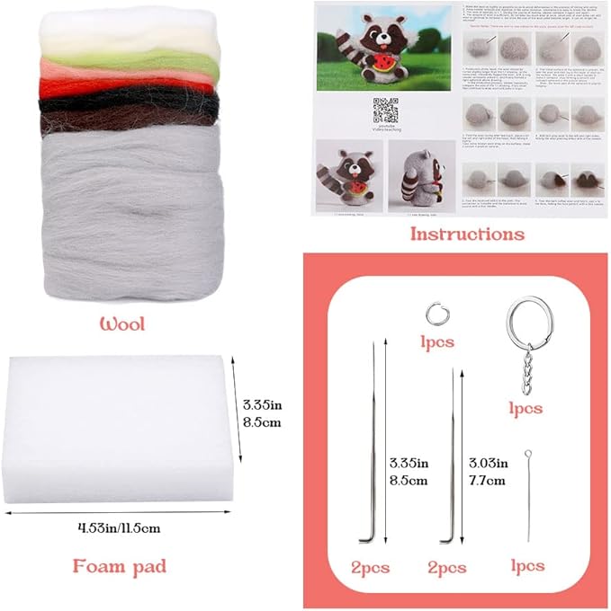 JUPEAN Needle Felting Kit Needle Felting Supplies Raccoon Animal with Wool Roving, Felting Needles, Foam Mat for DIY Feltings Wool Projects