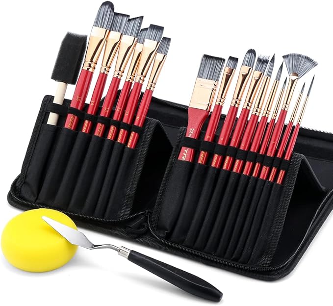 Transon Art Paint Brush Kit 16 Paint Brushes with Foam Brush Sponge Spatula and Brush Case for Oil, Acrylic, Watercolor, Gouache, Painting Pink Color
