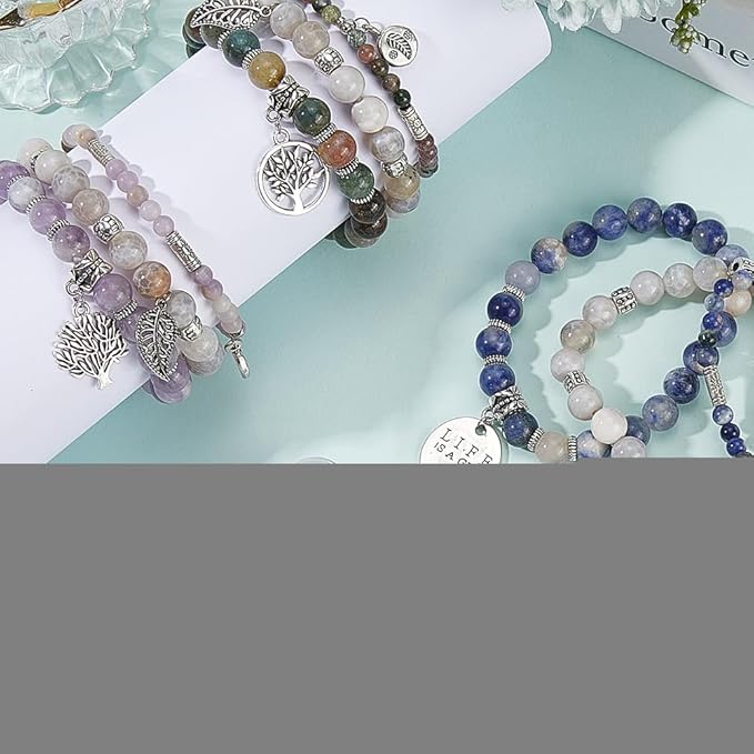 SUNNYCLUE 1 Box 310Pcs DIY 3 Sets Bracelet Making Kits Tree of Life Charms,Leaf Charm Natural Gemstone Multi Layered Boho Bracelets Stone Beads for Jewelry Making Kits Crafts Gift Adults Supplies