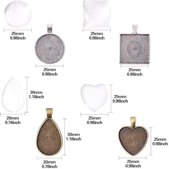 BetterJonny 48pcs Bezel Pendant Trays, 4 Shapes Pendants Trays Set Including 24pcs Charms Bezel Blanks and 24pcs Glass Cabochons for DIY Jewelry Making(2 Colors)
