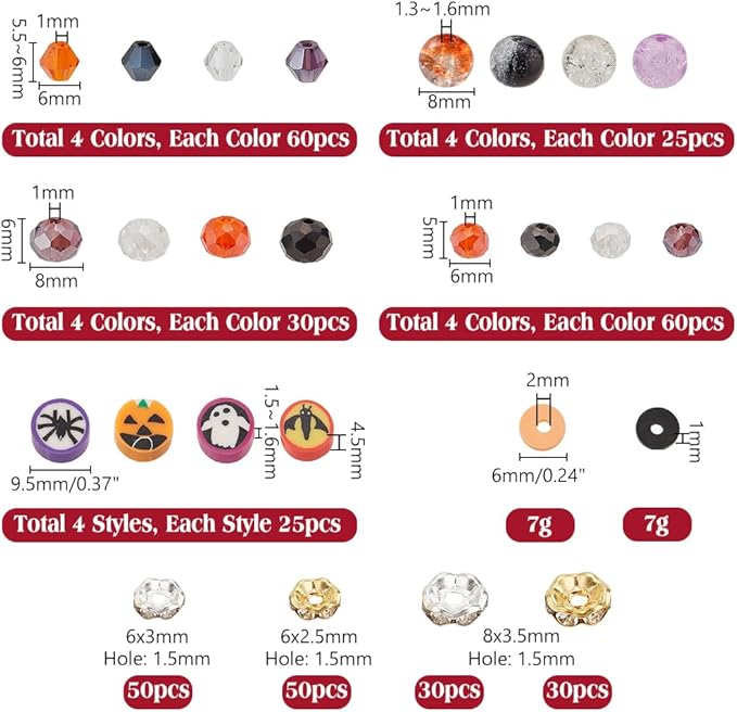 PH PandaHall 1288pcs Halloween Glass Beads for Jewelry Making, Faceted Glass Bead Clay Bead Rhinestone Spacer Beads Bracelet Making Kit for Jewelry Making Bracelet Necklace, 6-9.5mm