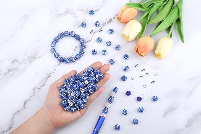 LAIDANLA 250pcs 12mm Dark Blue Rhinestone Beads and 8mm Rondelle Spacer Beads for Beadable Pens, Sparkly Shamballa Disco Baseball Bead for Bracelets Necklaces Earring DIY Craft