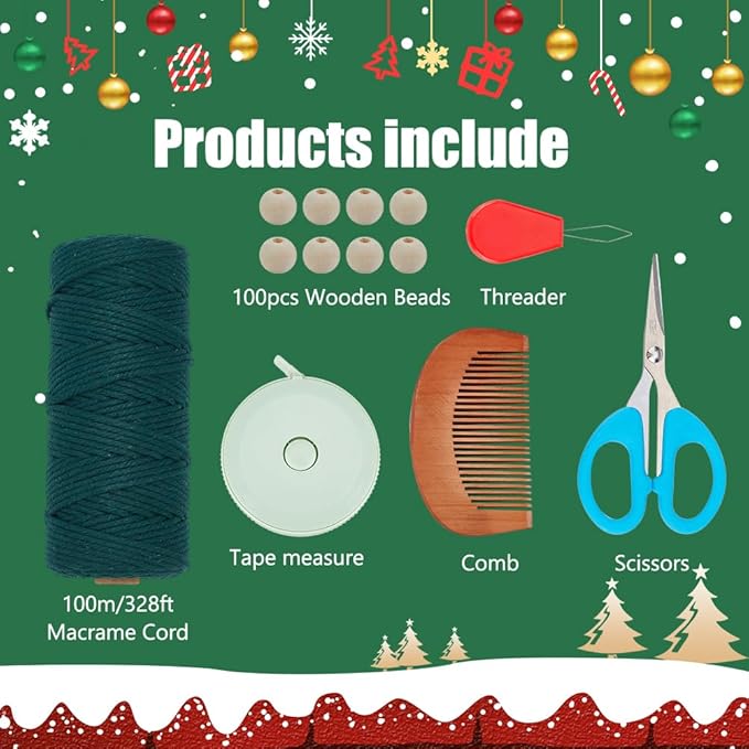 ACRNIGHEET DIY Large Macrame Christmas Tree Kit for Adults Beginners, Christmas Tree Macrame Wall Hanging Kit with Tassels Ornament, Craft Gitf Idea with Step by Step Tutorial Instruction Home Decor