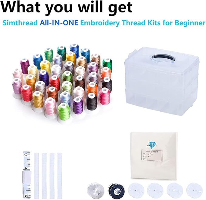 Simthread 63-Color Embroidery Thread Kit – 63 Spools 550 Yards Each, 40WT Polyester Thread with 3-Layer Stackable Box, Bobbins & Tools – Compatible with Brother, Janome, Babylock and More