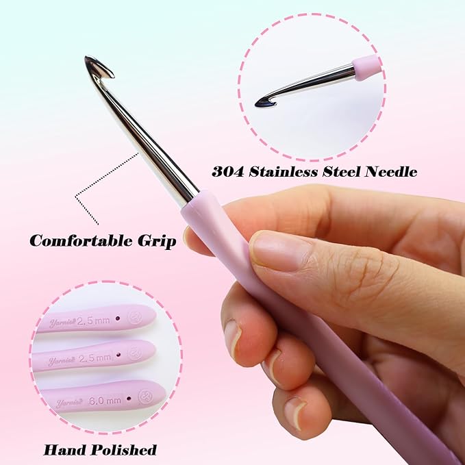 Yarniss 3.0mm Stainless Steel Crochet Hook with Soft Grip, Ergonomic Crochet Needle with Hand Crafted Crochet Head