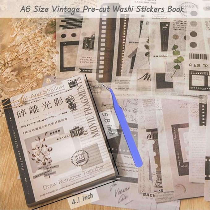 40 Sheets Vintage Washi Stickers Book for Adults, Junk Journal Book Ephemera with 180pcs Film Stickers and 20 Adhesive Scrapbooking Papers, Bullet Journaling Scrapbook Supplies