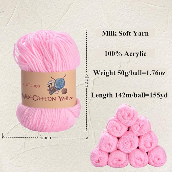 Acrylic Yarn for Crocheting Bulk, DIY Knitting Light Pink Yarns Large 10Balls Pack 17.6oz, Weaving Knit Tool Pink Crocheted for Beginners