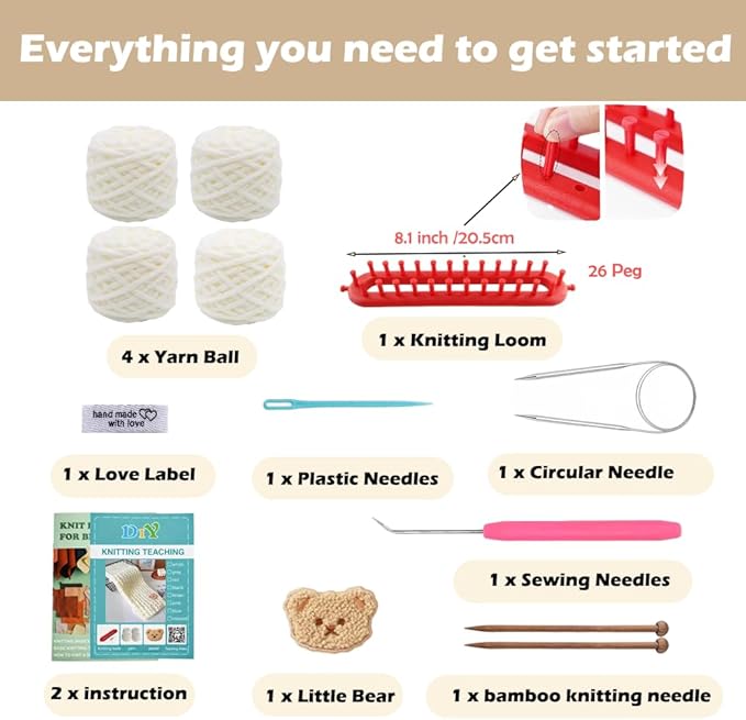 Novelchet Knitting Loom Kit for Beginners,Rectangle Loom with Plush Yarn, Learn to Knit Set for Scarf with Step by Step Video Tutorial