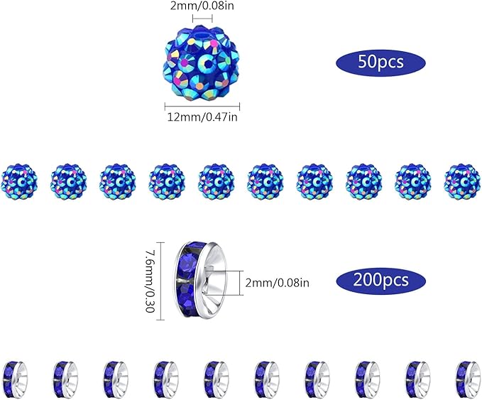 LAIDANLA 250pcs 12mm Dark Blue Rhinestone Beads and 8mm Rondelle Spacer Beads for Beadable Pens, Sparkly Shamballa Disco Baseball Bead for Bracelets Necklaces Earring DIY Craft
