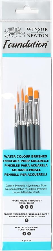 Winsor & Newton Foundation Watercolour Brush Set, Short Handle, Round Flat & Filbert, 6 Pack