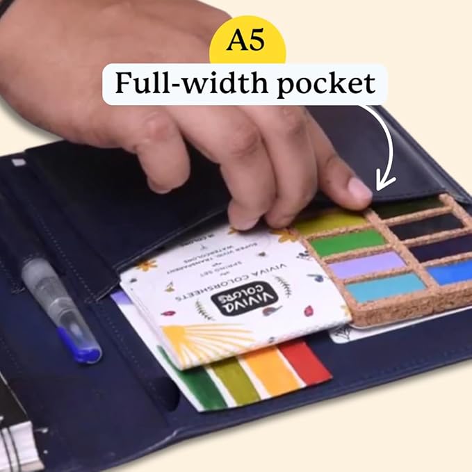Viviva Colors Watercolor A5 Travel Paint Set - Travel Watercolor Kit with 16 Watercolors, A5 Ivory Sketchpad, Leather Case, Waterbrush, & Black Marker - Fun, Vibrant, No Mess Portable Travel Art Kit for Adults & Kids