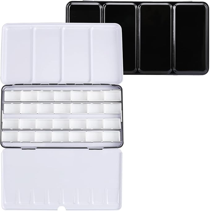 LOONENG Metal Watercolor Tin with Fold-Out Palette, Large Tray Palette with 28 Empty Full Pans for Plein Air, Acrylic and Oil Painting