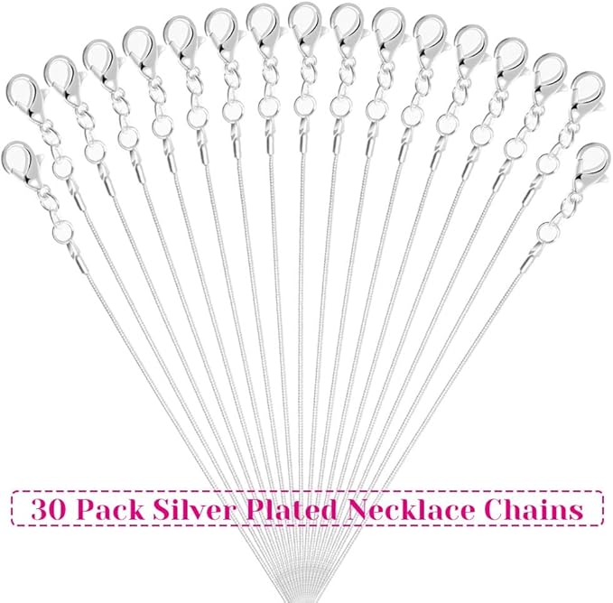 paxcoo 30 pack bulk necklace chain silver plated necklace snake chains for jewelry making, 1.2 mm (24 inches)