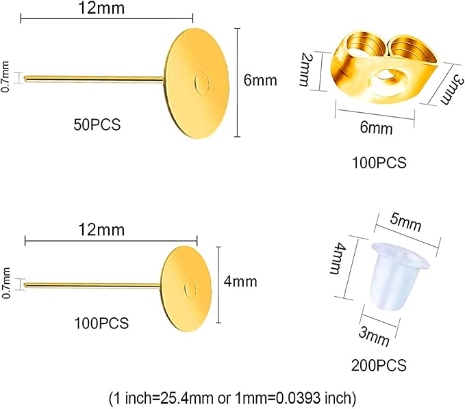 huucky 450pcs gold earring posts and backs,hypoallergenic earring studs for jewelry making,stainless steel flat pad with butterfly and rubber bullet earring backs (4mm, 6mm)