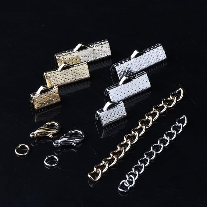 370 Pieces Ribbon Bracelet Kit for Jewelry Bookmark Pinch Crimp Ends Lobster Clasps with Jump Rings and Chain Extenders for Jewelry Craft Supplies DIY Choker Anklets