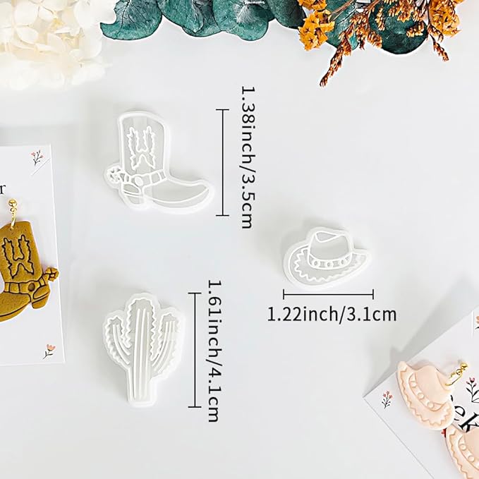 Xaekicr Western Theme Polymer Clay Cutters Set – 3PCS Cowboy Hat Boot Cactus Clay Earring Cutters, Polymer Clay Molds and Tools for DIY Jewelry Making