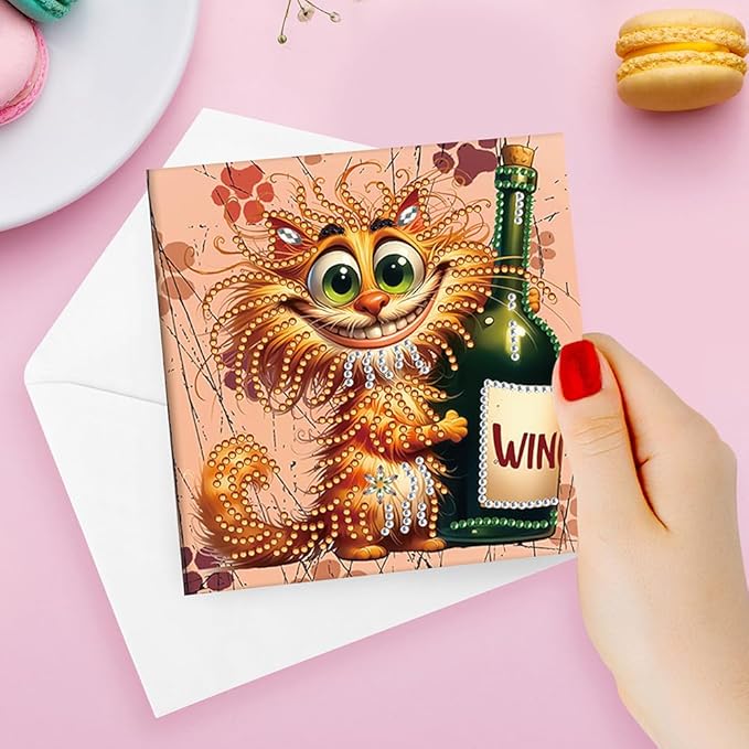 6 Pack 5D DIY Diamond Painting Cat Greeting Card Kit, Diamond Art Christmas Birthday Holiday Greeting Card, Art Crafts Kit Creative Gift with Envelope