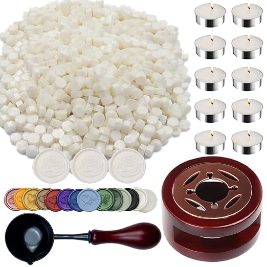 Wax Seal Warmer, ONWINPOR 400pcs Pearl White Sealing Wax Beads Kit with Warmer, Non-Slip Spoon, Candles for Envelopes, Stamp Letter Seal, Wedding Invitations (Pearl White)
