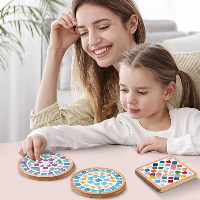 Adboros 8 Sets DIY Glass Mosaic Tiles for Crafts Mixed Color Mosaic Kits with Wooden Coaster for Adults Bamboo Coaster for Drinks Tray Handmade Home Decoration