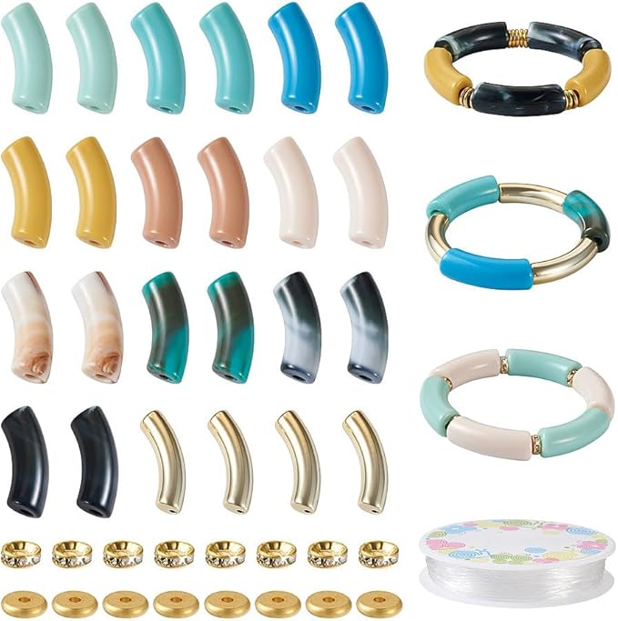 Sparkeads 110PCS Bamboo Tube Bracelet Making Kit for Women Friendship Gift Stacking Bangles Chunky Curved Acrylic Beads Rhinestone Beads Metal Spacers Elastic Thread