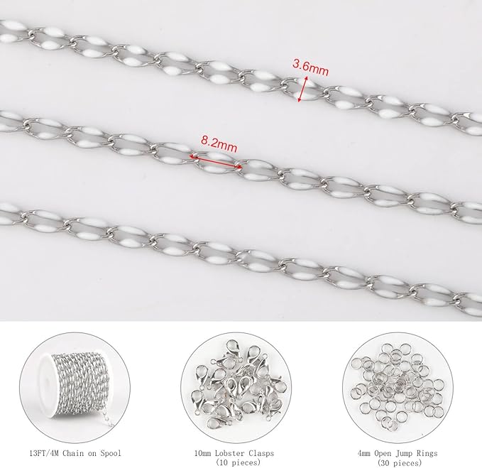 4 Meters White Oil Drip Lip Chain Link Silver Jewelry Chains for Making Jewelry Thin Craft Chain Roll with Lobster Clasps Jump Rings Supply Jewelry Making Findings