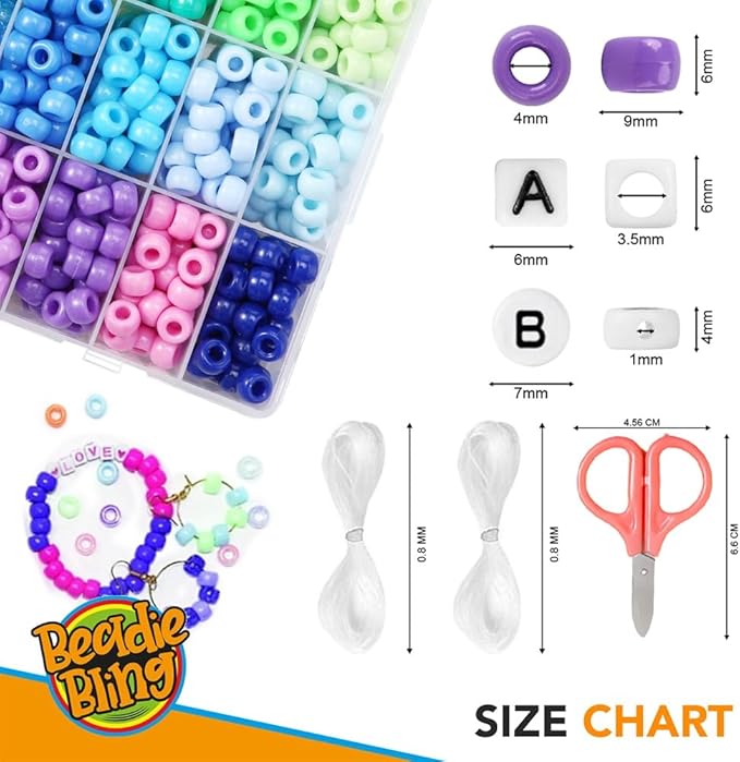 Beadiebling 4000 Pcs 6 * 9mm Pony Beads Bulk in 48 Colors - Friendship Bracelet Making Kit with 2400 Plastic Beads & 1600 Letter Beads in 3 Storage Boxes with 2X Strings, 3X Braided Ropes & Scissor