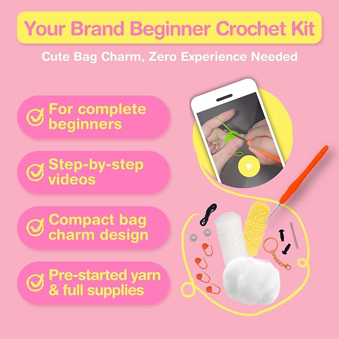 Avenir Beginner Crochet Kit for Adults & Teens - Small Portable Animals Kit with Keychain, Complete Supplies & Video Tutorials, Perfect Arts & Crafts Gift for Women & Girls (Curly Unicorn)