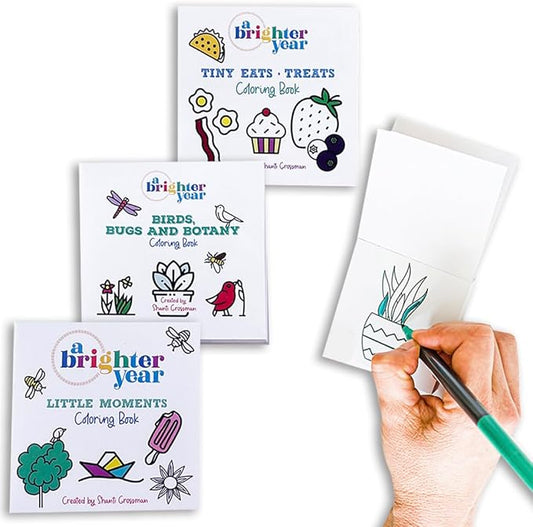 A Brighter Year The Original Adult Mini Coloring Book - 3-Piece Variety Pack- 3” x 3” Pocket Size, 50 Pages, Lay Flat Binding, Thick Paper, No Bleeding - Stress & Anxiety Relief, Gift& Travel