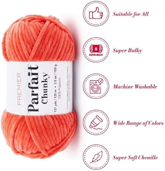 Premier Yarns Parfait Chunky Chenille Yarn 3.5 Oz 6 Super Bulky Weight 3 Pack Bundle with Bella's Stitch Place Holders (Mango)