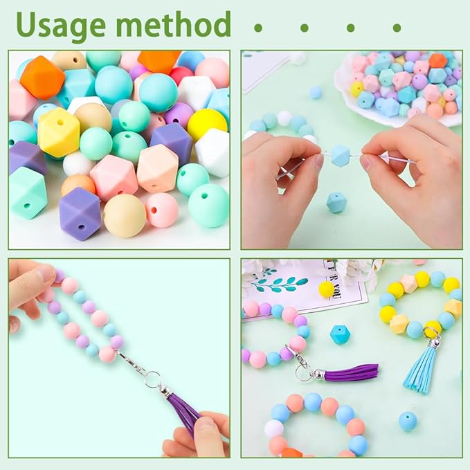 121 PCS Silicone Beads for Keychain Making Kit,12mm 15mm Round 14mm Polygonal Rubber Beads Candy Color Bulk Silicone Loose Beads for DIY Necklace Bracelet Jewelry Crafts Making Supplies