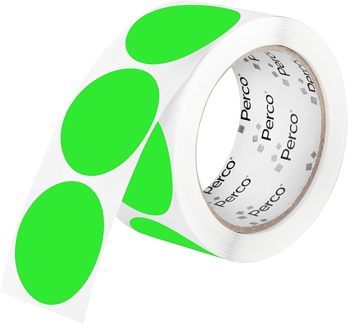 perco fluorescent green 2-inch perforated circle dot sticker labels — 250 round stickers per roll — with permanent adhesive for organizing, color coding, bin labeling, packaging alerts — made in usa