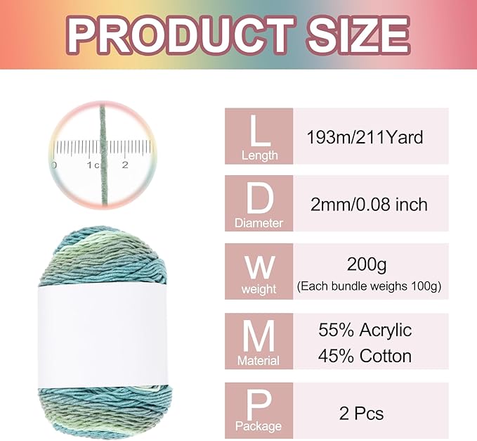 MECCANIXITY Cotton Acrylic Yarn for Crocheting, 422 Yard 5 Ply Soft Gradient Yarn Acrylic 45% Cotton 55% Used for DIY Knitting Blankets Scarves(2 Packx100g,Beige,Green,Blue)