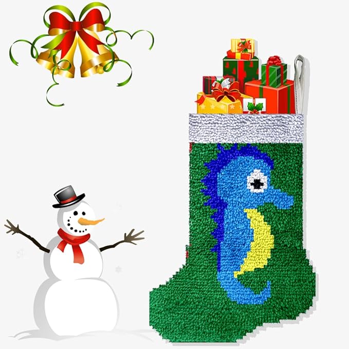 DL-YTG Latch Hook Kits Rug Christmas Seahorse Crochet Yarn Cushion Colour Pre-Printed Canvas Cover Rug Needlework DIY Hook and Latch Kit Home Decoration 17x12 inch