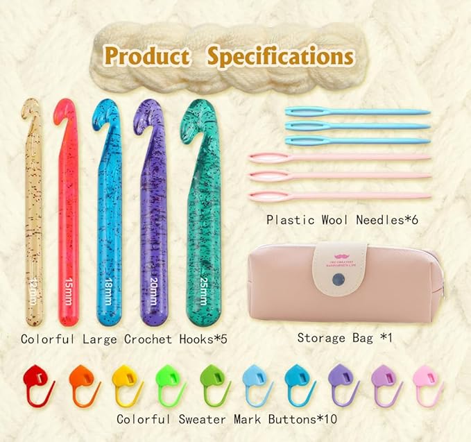 Tovyzalg Colorful Transparent Large Crochet Hooks, Crochet Hook Set with Case, Crochet Needles for Arthritic Hands, Ergonomic Knitting Giant Crochet Hooks for Knitting Yarn Carpet Scarf Wool Roving