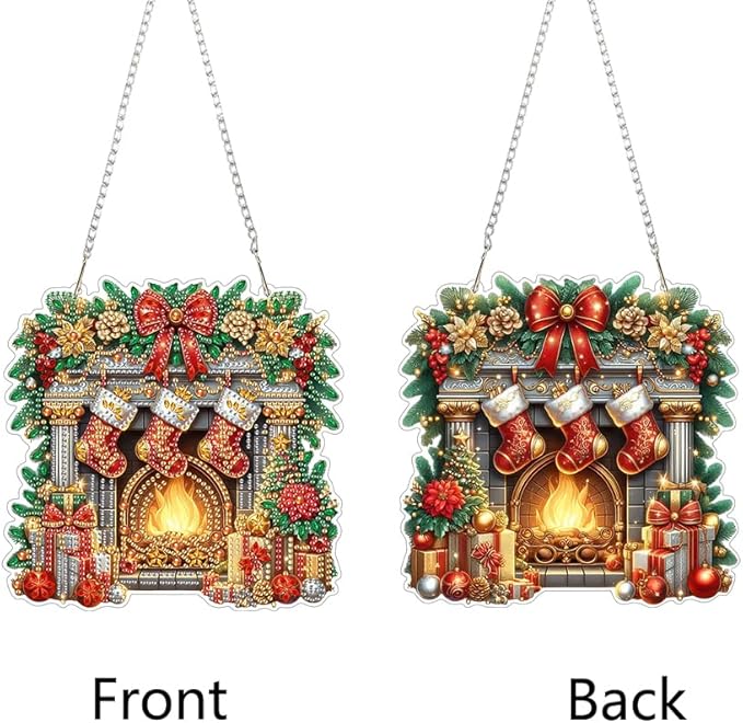 EIBEILI Diamond Art Painting Kits Special Shaped Rhinestone 5D Diamond Art Window Pendants Home Garden Wall Hanging Kits Hanging Ornament，Double Sided（Christmas Fireplace ）