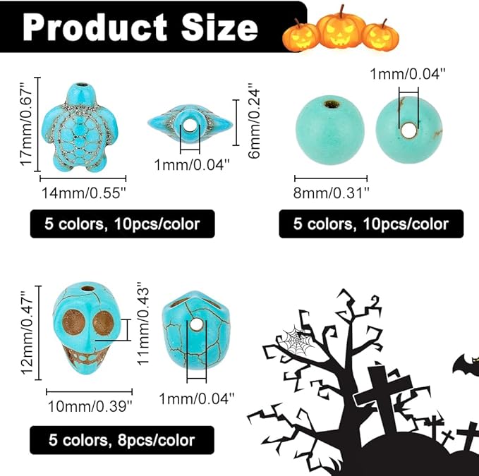 arricraft 190 Pcs Skull Gemstone Beads Kits, Including 50 Pcs Tortoise Beads 100 Pcs Round Beads Synthetic Turquoise Beads for Halloween DIY Bracelet Necklaces Jewelry Makings