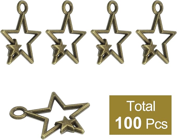 uxcell 100Pcs Alloy Open Bezel Pendants, Star Open Back Hollow Frame Pendant Geometric for Resin Jewelry Making Earrings Necklace Bracelet DIY, Ancient Bronze