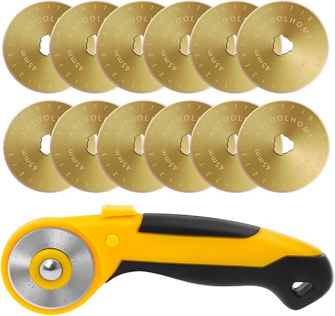 AUTOTOOLHOME 45mm Rotary Cutter Automatic Fabric Cutter Quick Change Blades with Safety Lock for Quilting, Sewing, Crafts, 10pcs Titanium Replacement Blades