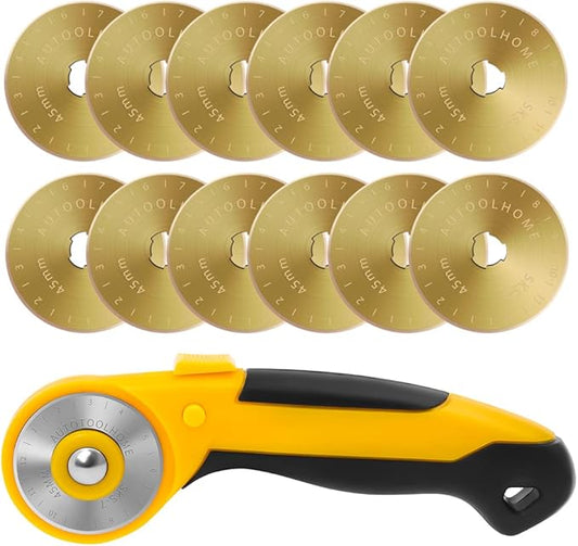 AUTOTOOLHOME 45mm Rotary Cutter Automatic Fabric Cutter Quick Change Blades with Safety Lock for Quilting, Sewing, Crafts, 10pcs Titanium Replacement Blades