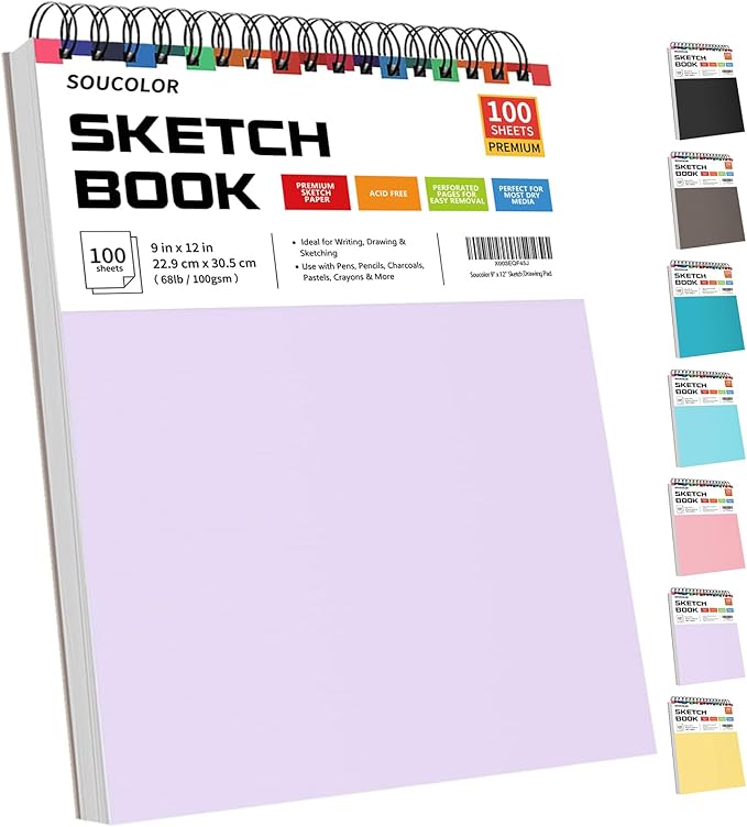 soucolor 9" x 12" aesthetic sketch book, 1-pack 100 sheets school supplies cute sketchbook for women, japanese stationary sketching supplies for kids teen girl gifts birthday gifts, pastel purple