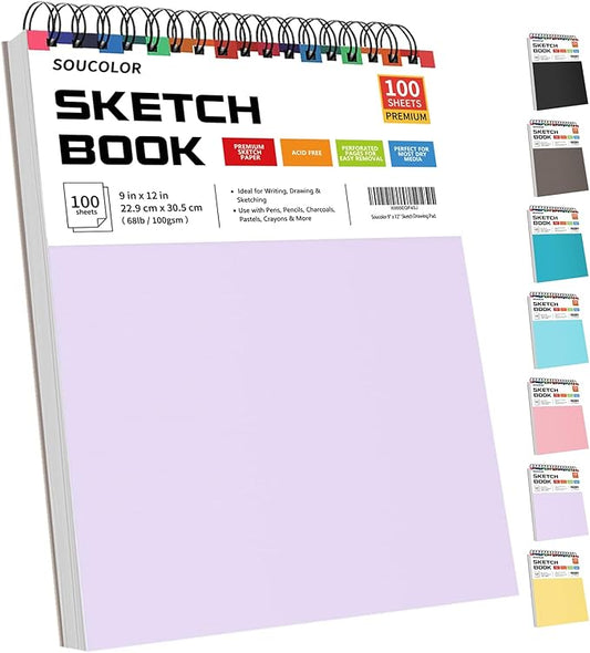 soucolor 9" x 12" aesthetic sketch book, 1-pack 100 sheets school supplies cute sketchbook for women, japanese stationary sketching supplies for kids teen girl gifts birthday gifts, pastel purple