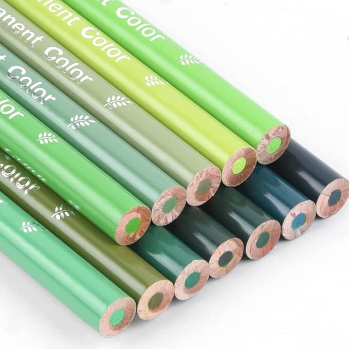 qianshan 12 Green Colored Pencils Oil Based Pre-sharpened Wooden Colored Pencil Set for Adults Coloring Books Drawing Sketching Art Supplies, No Duplicates
