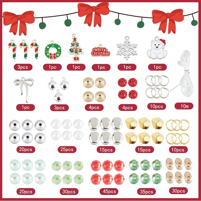 SUNNYCLUE 1 Box 275Pcs DIY 6 Set Christmas Bracelet Making Kit Christmas Bracelets Bulk Winter Snow Christmas Tree Charms Glass Beads for Jewelry Making Kits Beginners Adults Women DIY Gift Craft