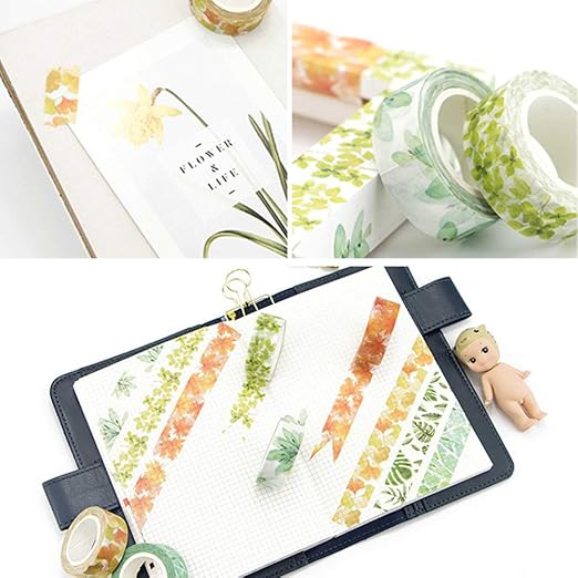 YUBBAEX Lush Plants Washi Tape Set 6 Rolls Floral Masking Decorative Tapes 15mm Wide (Feeling of Leaves)