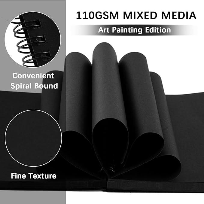 5" x 7" Premium Black Paper Mixed Media Sketchbook, Spiral Bound Art Journal Sketchbook, 70 Sheets 110 GSM Acid-Free Drawing Black Paper for Adults Beginners Artists.Black