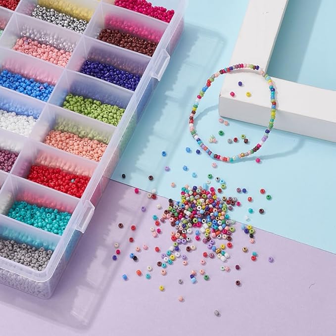 24000 Pcs 2mm Glass Seed Beads Bracelet Making Kit, Small Beads Friendship Jewelry Craft Kit with Lobster Clasps, Jump Rings & Elastic Cord, DIY Art Craft Gift for Girls