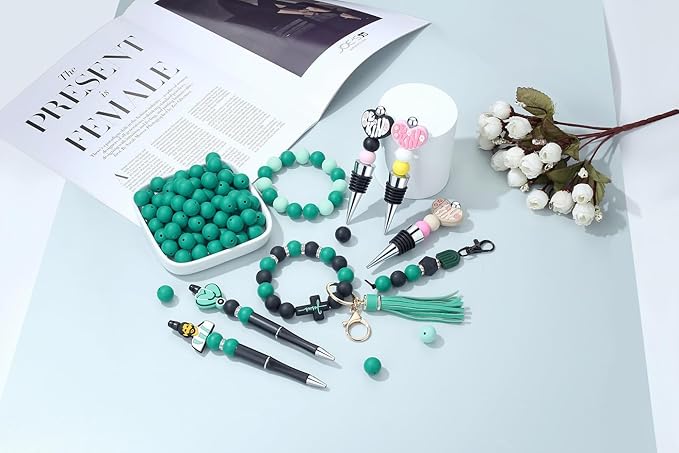 MAIBAOTA 120 Pcs Deep Green Silicone Beads - 15 mm Round Beads for Keychain, Pens, Bracelets, Necklaces - Bulk Pack with Boxed Kits