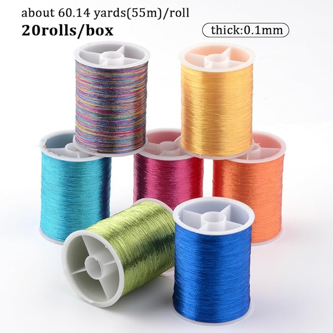 20 Rolls 1100M 0.1MM Thin Metallic Multicolor Cord Rope Embroidery Thread Colorful Christmas Polyester Tinsel Glitter String spool Bulk for Sewing Making Craft Bracelets Beading Knitting Diy