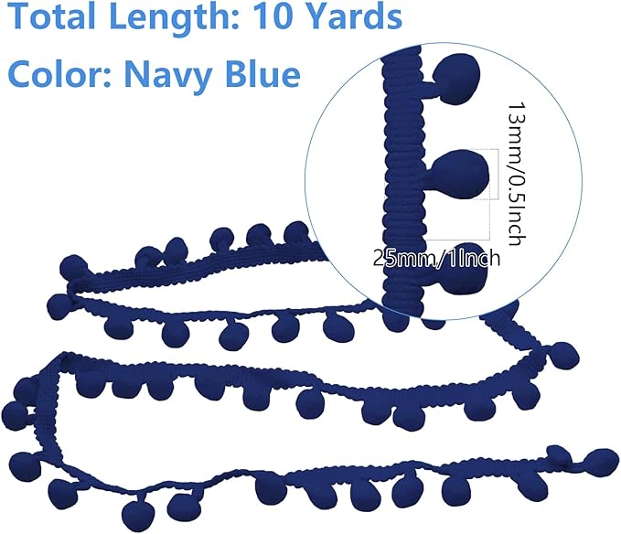Homiest 10 Yards Pom Pom Trim for Sewing, 1 Inch Wide Navy Blue Ribbon Bundles Textured Fabric Fringe Ribbon, 13mm Ball Pompom Trim for DIY Crafts Curtain Clothes Pillow Home Decoration