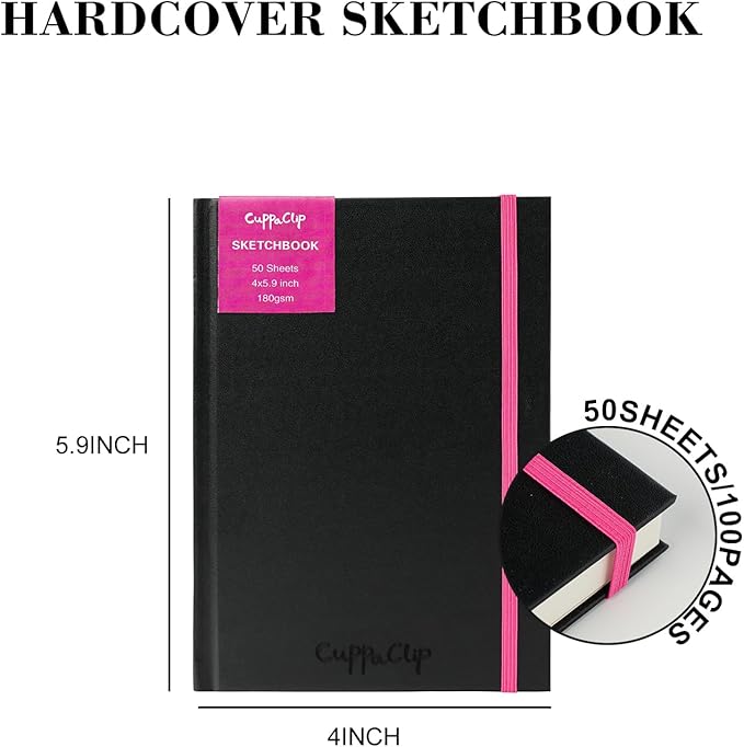 CuppaClip Sketch Book Hardcover Drawing Pad 300GSM Acid-Free Paper Spiral Bound Sketchbook 50 Sheets/100 Pages Art Supplies (Hardcover, 4x5.9in)